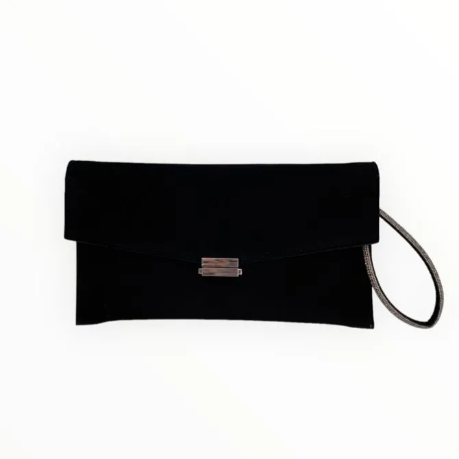 Lodi Black Suede Clutch Bag - Silver Hardware